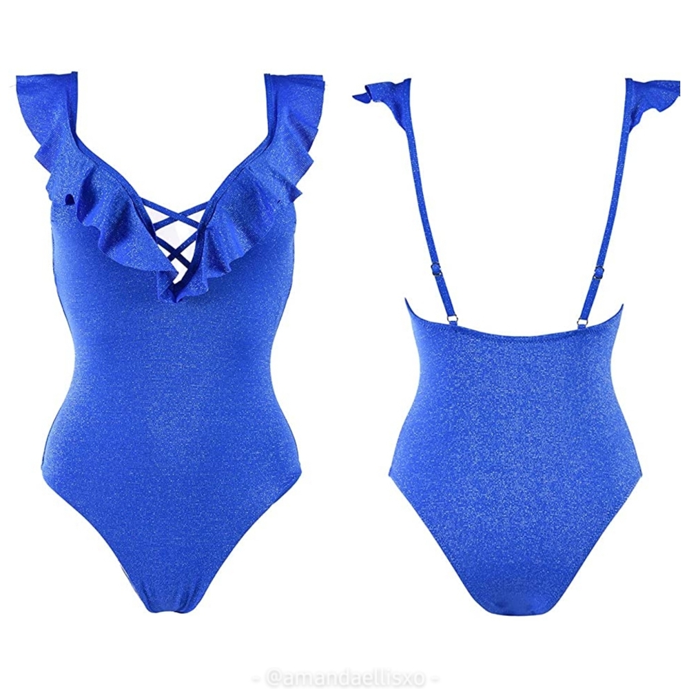ASBAYSON Ruffle Trim Deep V Neck Lace Up Front Glitter Sparkle Blue Bodysuit